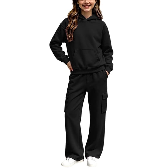 Glisme Girls Outfit Set Solid Color Long Sleeve Hooded Tops With Pocket Pants Outfit Durable Wear Girls Set Size 5-6 Years Black