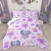 Homewish Elephants Rabbits 3-Piece Full Size Comforter Sets For Preppy Boys Girls,Ballet Dance Theme Bedding Comforter Set,Purple Floral Bow Lightweight Bedding Sets,Ultra Soft Home Decor,Reversible