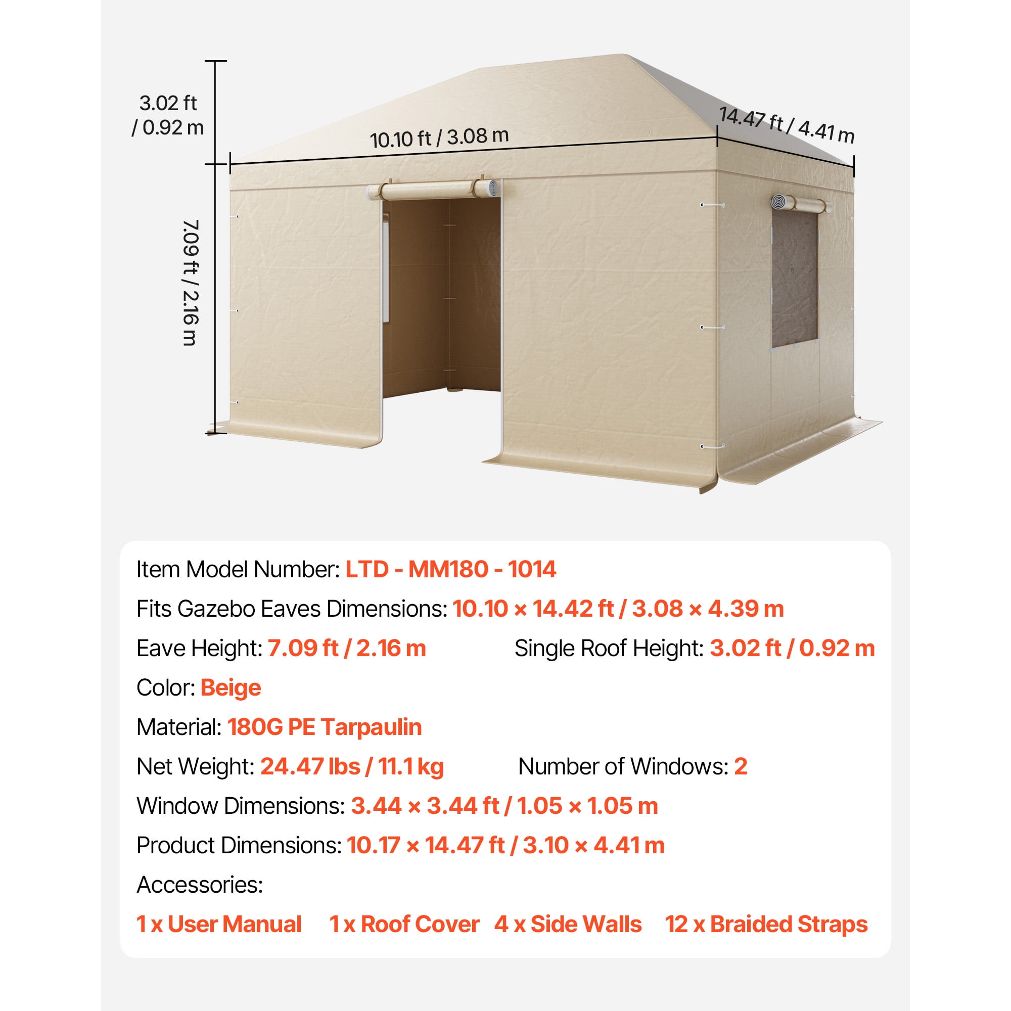 KFFKFF Winter Gazebo Cover Compatible with 10 x 14 ft Hardtop Gazebos, Durable All-Weather Cover with Side Panels & Ventilated Mesh Windows, High-Density PE Fabric, Protective Shelter Cover