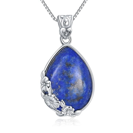 MYSTICPOEM Lapis lazuli Necklace Sterling Silver Lapis Teardrop Pendant Necklace Blue Stone Jewelry Gifts for Women