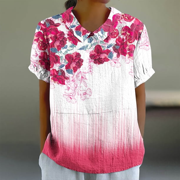 Fiudx Ofertas Relámpago Camiseta Holgada Informal con Estampado para Mujer, Tops de Manga Corta con Cuello de Muñeca, Blusa Bonita y de Lino
