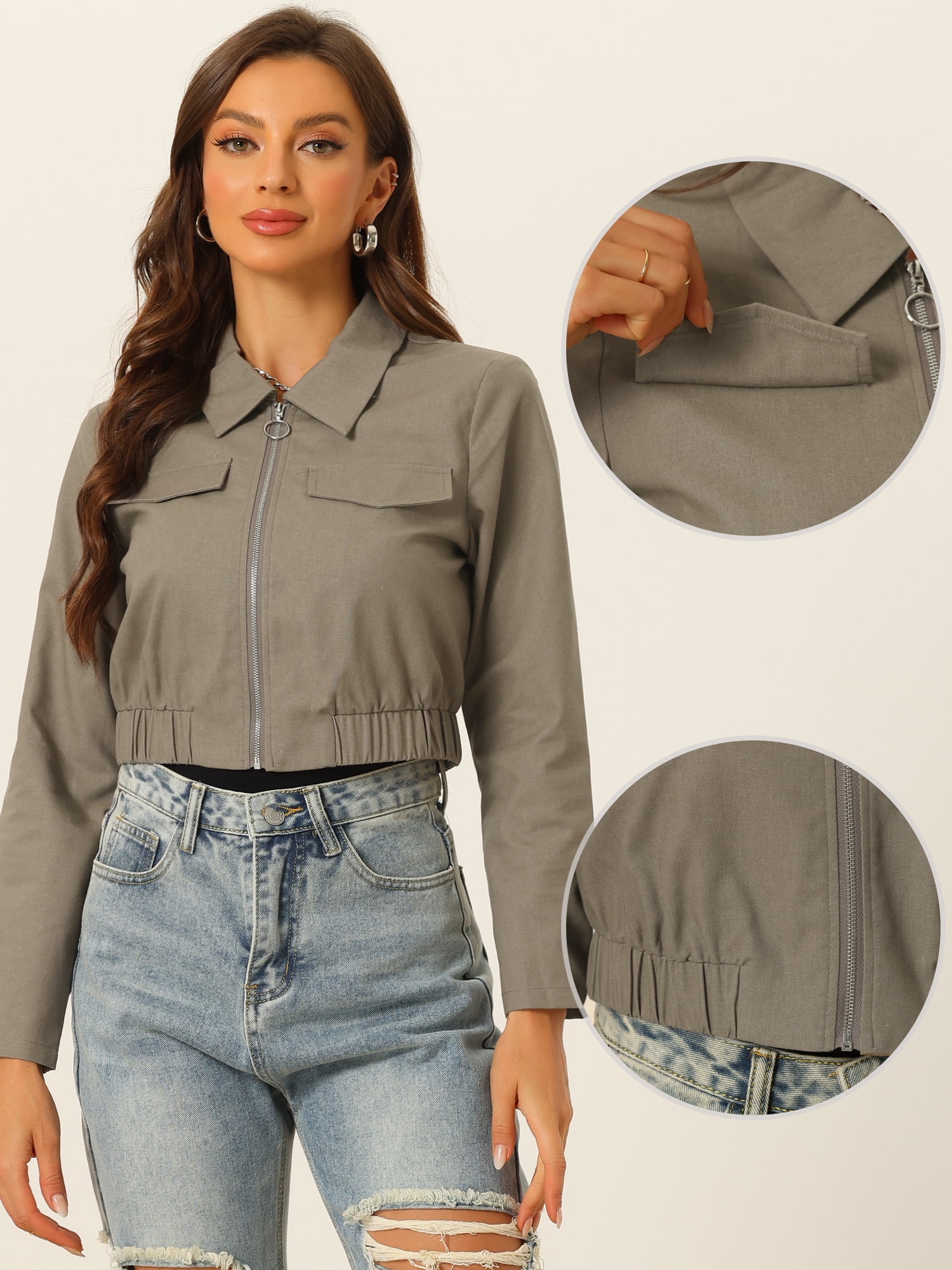 Unique Bargains Cropped Jackets for Women's Zip Up Lightweight Utility Anorak Coat XS Gray Army Green
