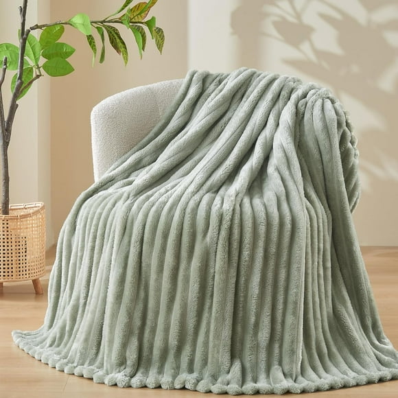 shiyou-Super Soft Throw Blanket Sage Green Premium Silky Flannel Fleece 3D Ribbed Jacquard Lightweight Bed Blanket All Season Use (Sage Green Ribbed, Throw(50"x60"))