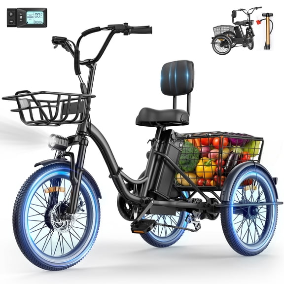 Flycity Electric Tricycle for Adults, Peak 1200W Electric Trike with 48V 20Ah Removable lithium battery, 20" 7 Speeds 3 Wheels Electric Bikes, Black