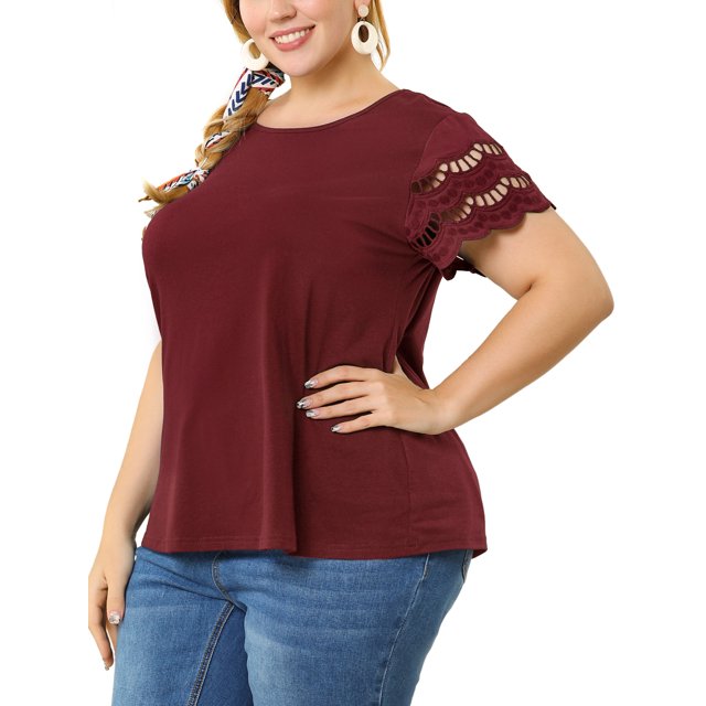 Women's Plus Size Tops Lace Panel Elegant Work Short Sleeve Top Wine Red 3X