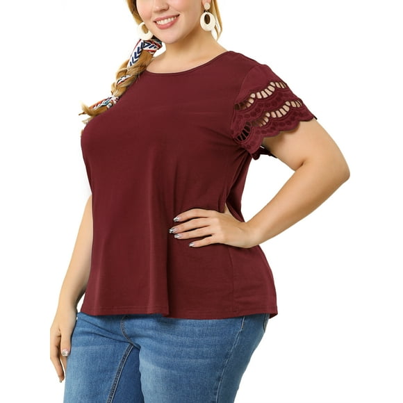 Women's Plus Size Tops Lace Panel Elegant Work Short Sleeve Top Wine Red 2X