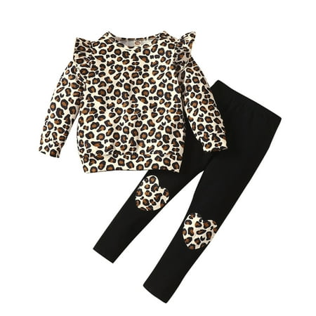 

ZHUASHUM Kids Toddler Child Baby Girls Long Ruffled Sleeve Leopard Print Sweatshirt Blouse Tops Patchwork Pant Trousers Outfits Set 2PCS Clothes