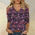 thumbnail image 2 of hxobax Floral 3/4 Sleeve T Shirt Womens Sexy Summer Tops V Neck Tunic Cold Shoulder Basic Tee Blouse, 2 of 5