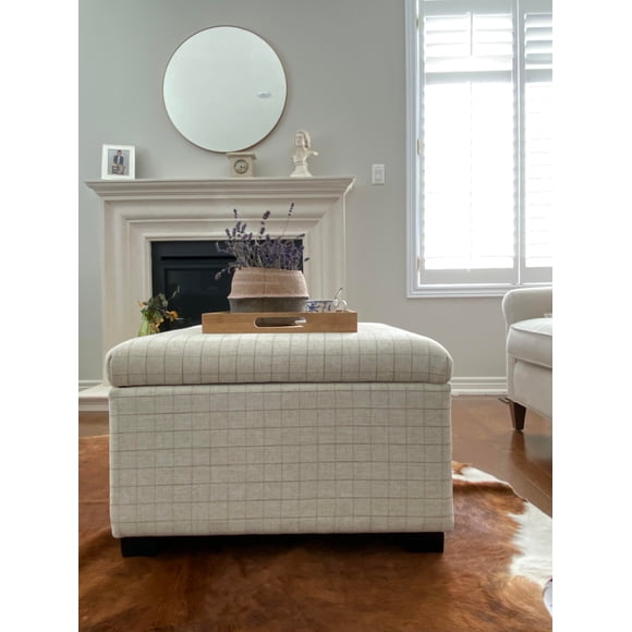 SEAT4U Large Plaid Linen Upholstered Roland Storage Cocktail Coffee Table Ottoman footstool-Cottage and Farmhouse coffee table-Large storage-Hinged lid
