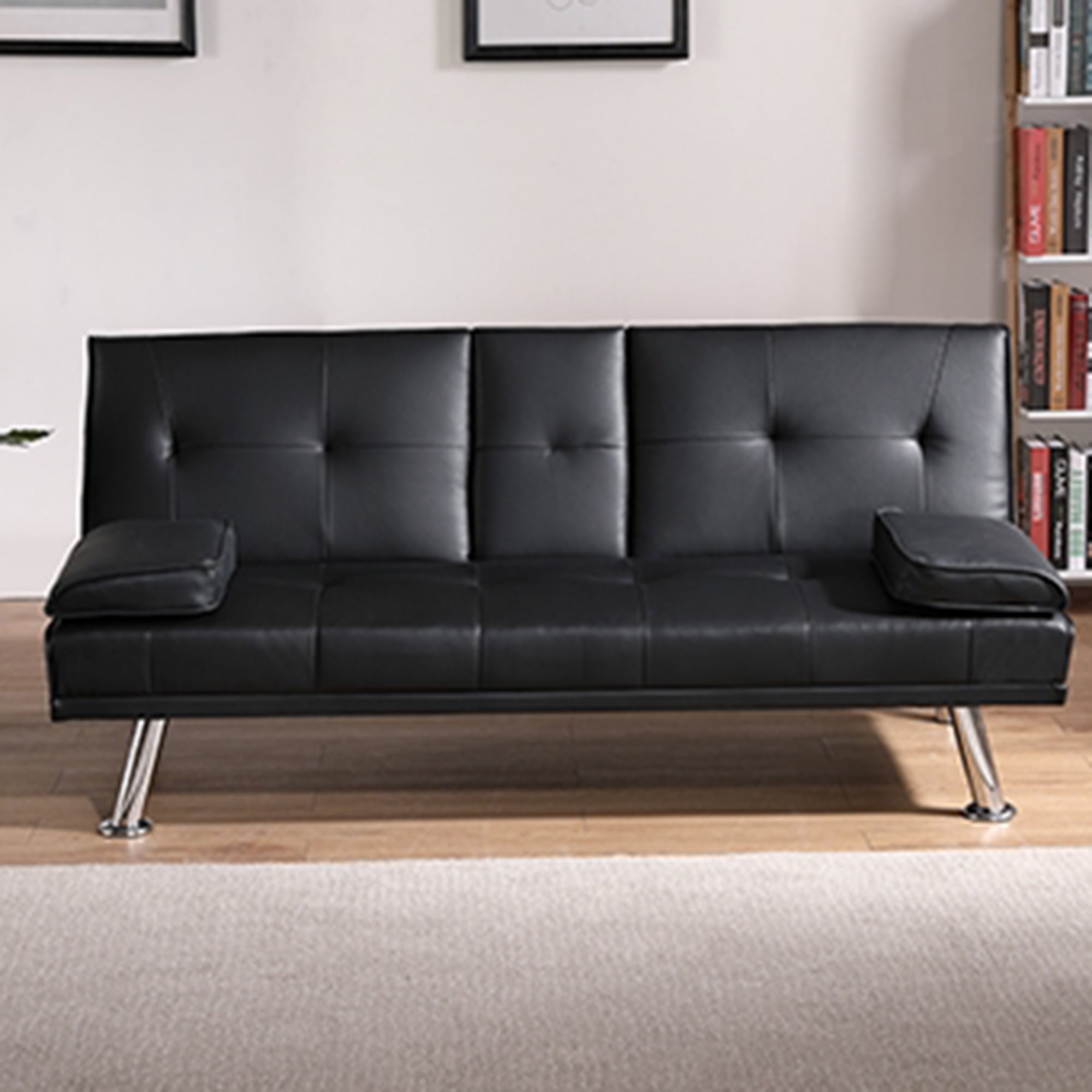 Yardi Yard Leather 67" Sofa Convertible Sofa Bed, Living Room Black Futon Couch Yardi Yard Leather 67" Sofa Convertible Sofa Bed, Living Room Black Futon Couch
