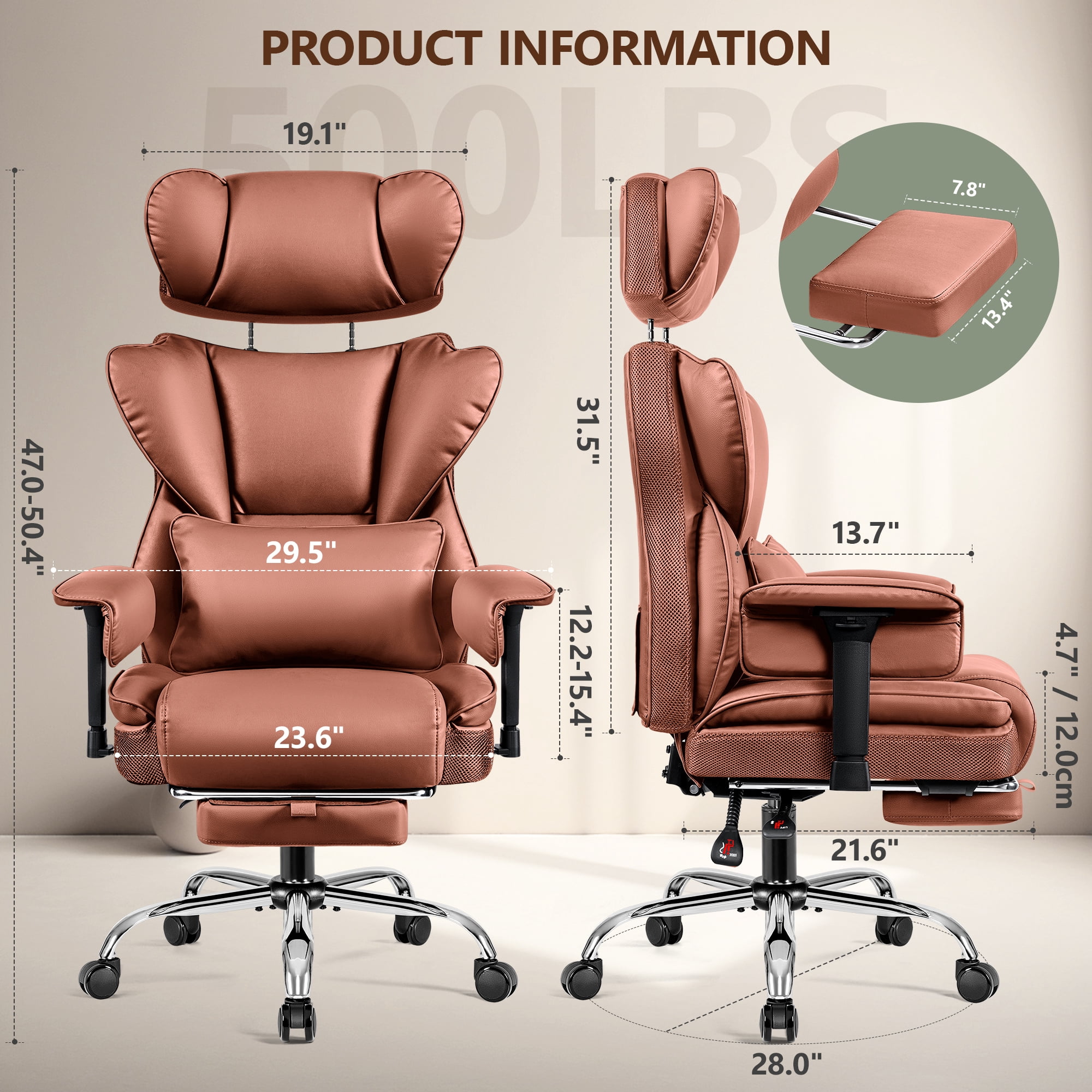 COOLHUT Big and Tall PU Leather Office Chair with Adjustable Headrest & Footrest, Executive Computer Desk Chair with 3D Adjustable Padded Armrest, Ergonomic Office Chair with Lumbar Support, Brown