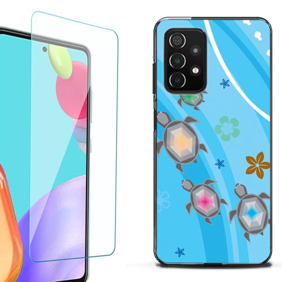 Slim-Fit Flexible TPU Gel Phone Case (black) for Samsung Galaxy A52 5G, with Tempered Glass Screen Protector, by OneToughShield ® - Happy Turtle