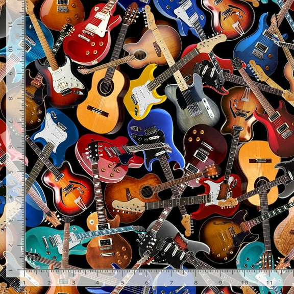 Cotton Music Guitars Instruments Colorful Musicians Black Cotton Fabric Print by the Yard (MUSIC-CD3359-BLACK) by Timeless Treasures