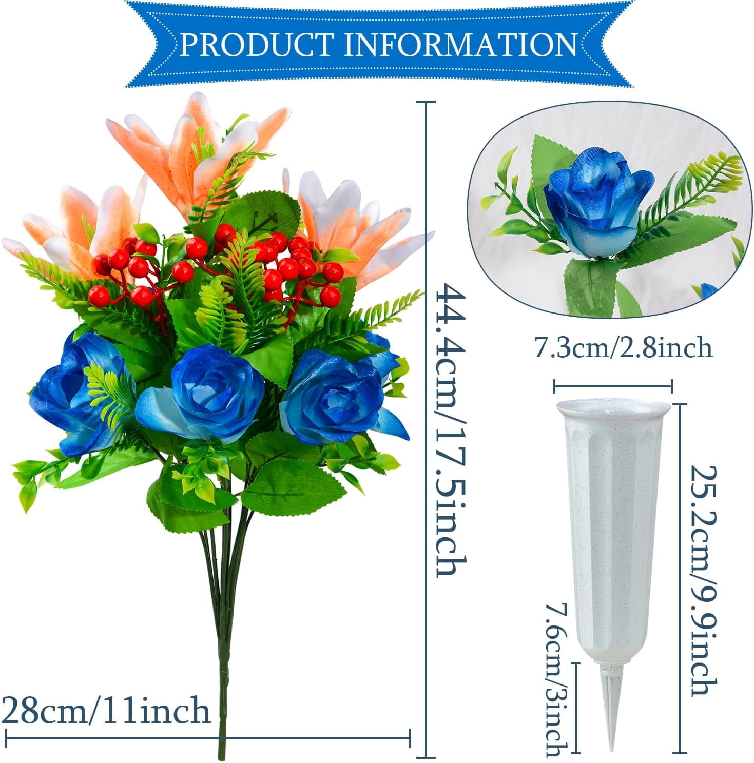 Artificial Cemetery Flowers for Grave, Set of 2 Artificial Memorial Flowers with Vase for Outdoor Cemetery Headstones Graveyard Gravestone Decoration (Red Lily&White Purple Peony)