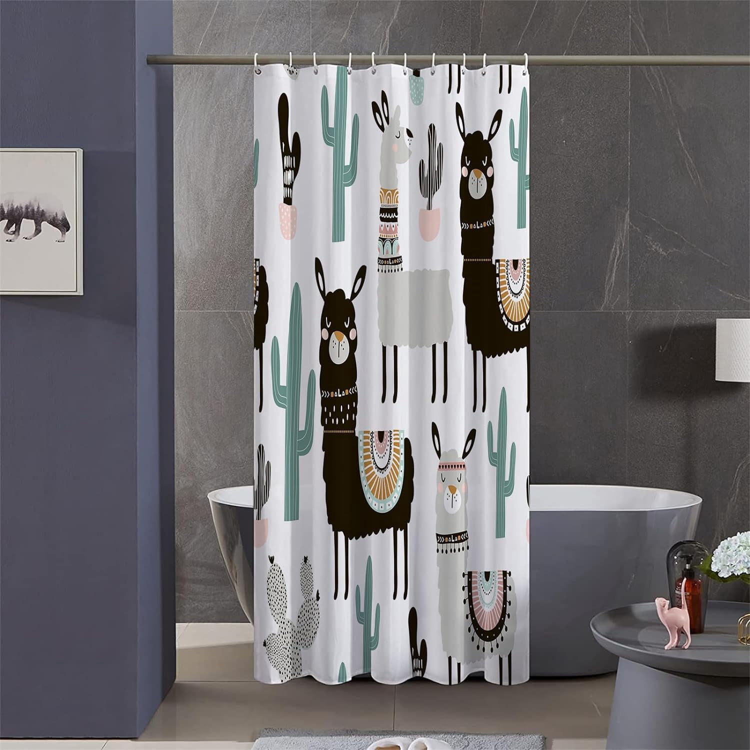 Stall 36"x72" Cute Alpaca Shower Curtain Set with Hooks,Funny Bathroom Curtain Kids Fabric Waterproof Bath Curtain Machine Washable