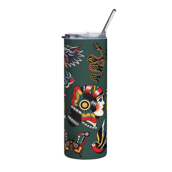 [NO STRAW] Stainless Steel Tumbler, 20oz Tattoo Design