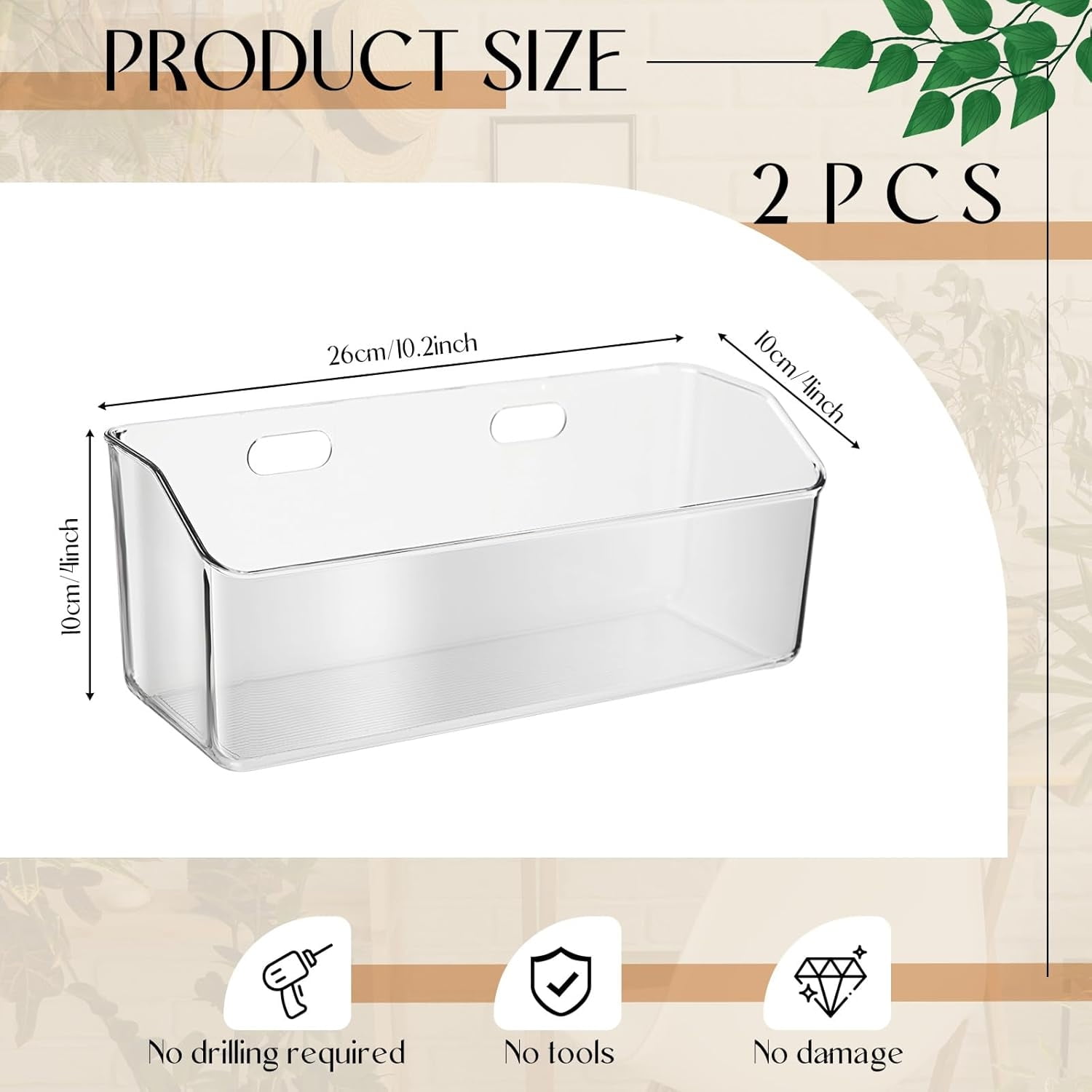 2 Pcs Wall Mounted Organizer Basket,Storage Organizer Bins,Self Adhesive Shower Caddy, Stackable Plastic Makeup Organizer, Clear Storage Shelves Organizing for Bathroom, Kitchen, Cabinet, Pantry