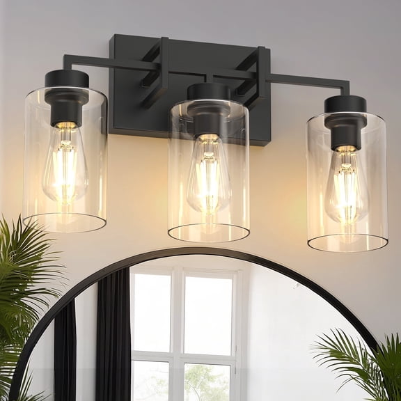 YANSUN 17.71 in 3-Light Black Farmhouse Bathroom Vanity Light with Glass Shades, Vanity Lights for Living Room Bedroom Hallway, E26 Bulb Base