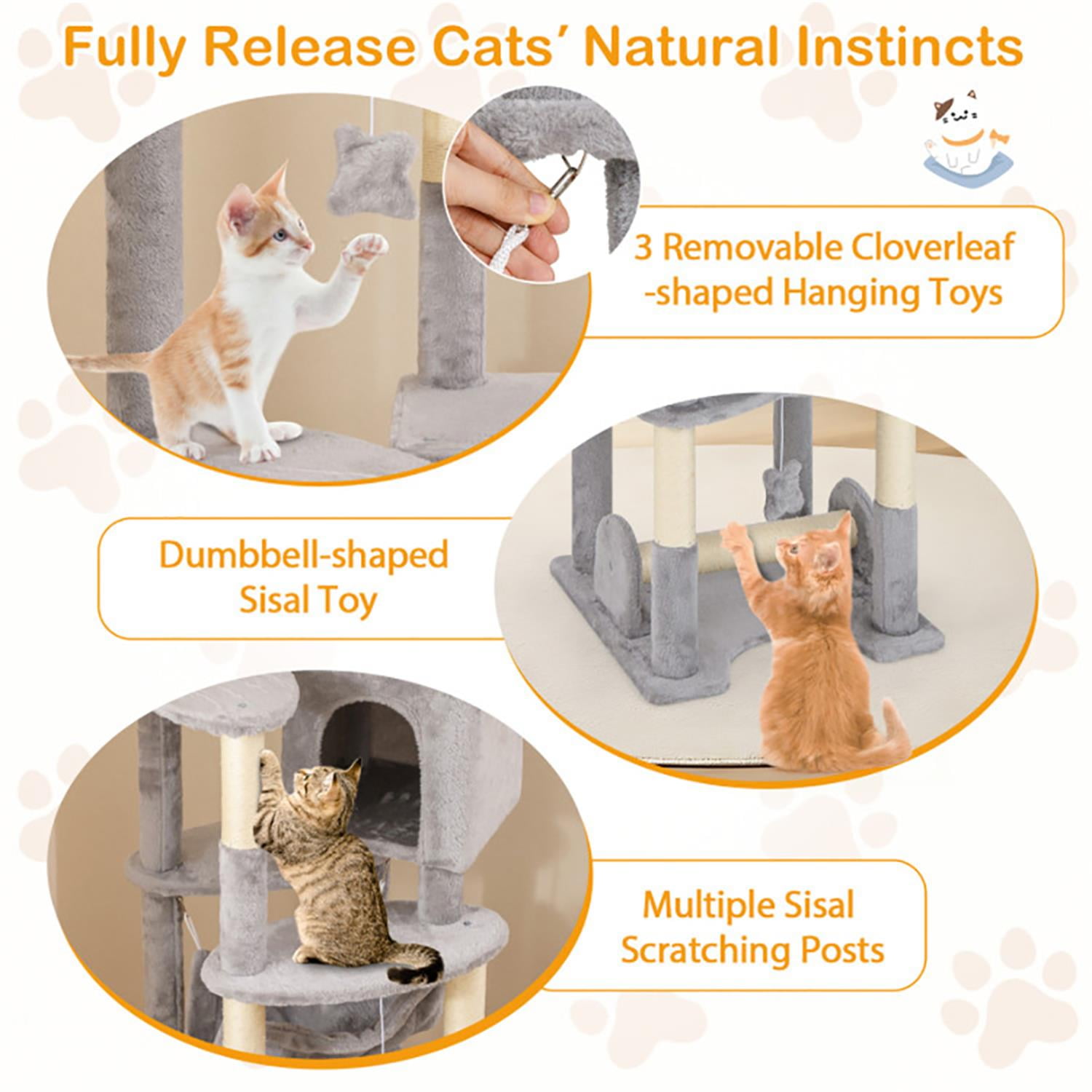Kadyn 69" Modern Cat Tree with Toy, Cat Tower Condo for Indoor Cats with Cozy Condos, Sisal Scratching Posts and Top Perch, Beige