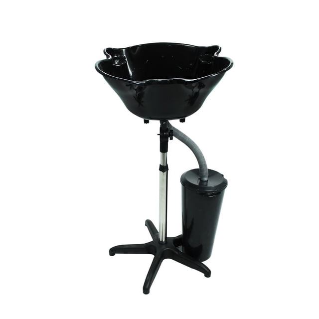 lava cabezas portátil tarja salón de belleza Vanlig negro, vista frontal centrada con tazón ondulado e inclinable sobre soporte telescópico de acero inoxidable y base de cinco patas, conector PVC y manguera de drenaje hacia depósito cilíndrico lateral; altura regulable, ideal para peluquería y tareas de estética y a menudo usado para enjuague móvil en servicios a domicilio.