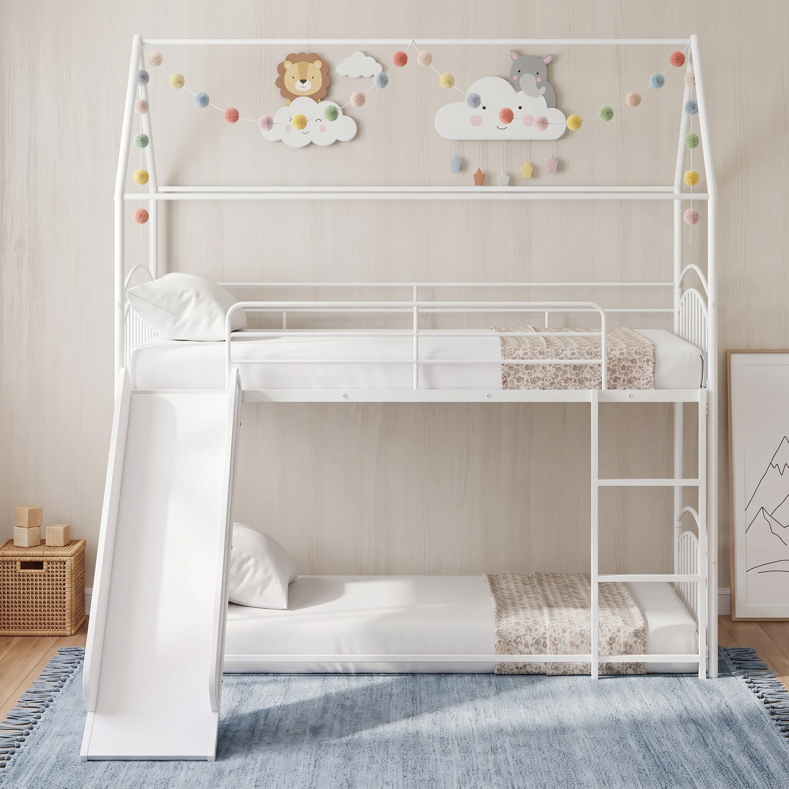 Furnibear Twin Over Twin House Bunk Bed with Slide Ladder and Heavy-duty Metal Slats for Kids and Shared Bedrooms, White