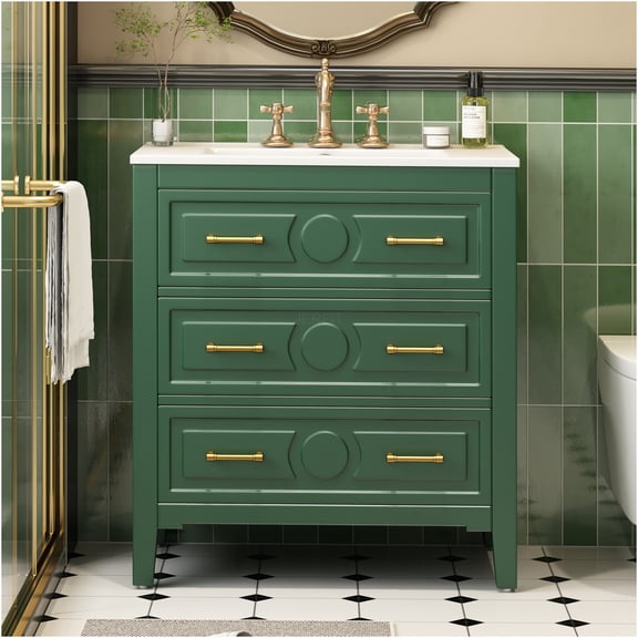 JERFIT 30 Inch Green Freestanding Bathroom Vanity with Sink, 3-Drawer Storage Cabinet, Retro Style with Ceramic Basin and Gold Hardware