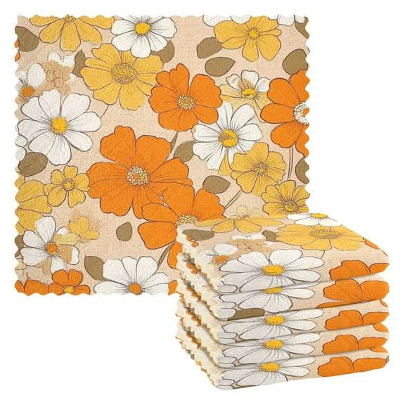 Orange Yellow White Floral Kitchen Cloth Dish Towels for Drying Washing Absorbent Dish Rags 6 Pack