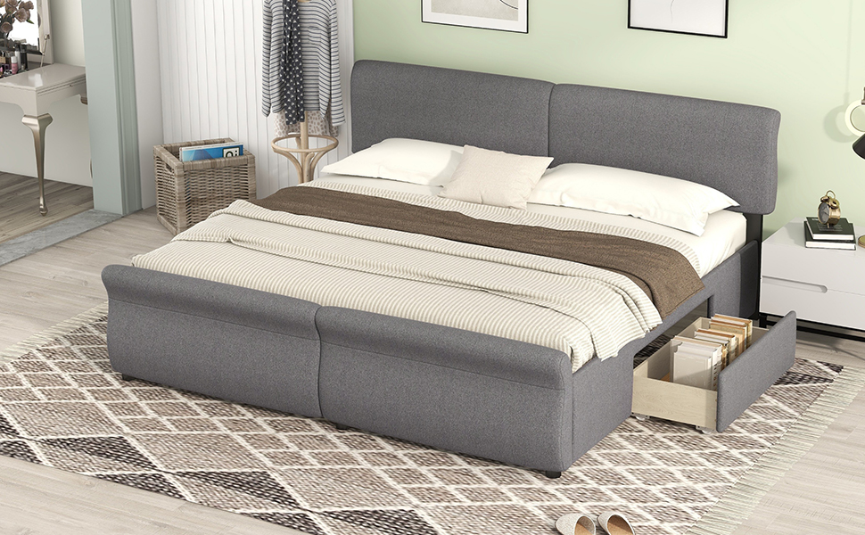 EUROCO Modern King Size Upholstery Platform Bed with Two Drawers for Kids Teen Adults, Upholstery Headboard, Gray - image 4 of 16