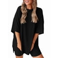 thumbnail image 2 of Women's two-piece casual suit summer casual loose shirt cycling shorts match airport travel wear Black L, 2 of 7