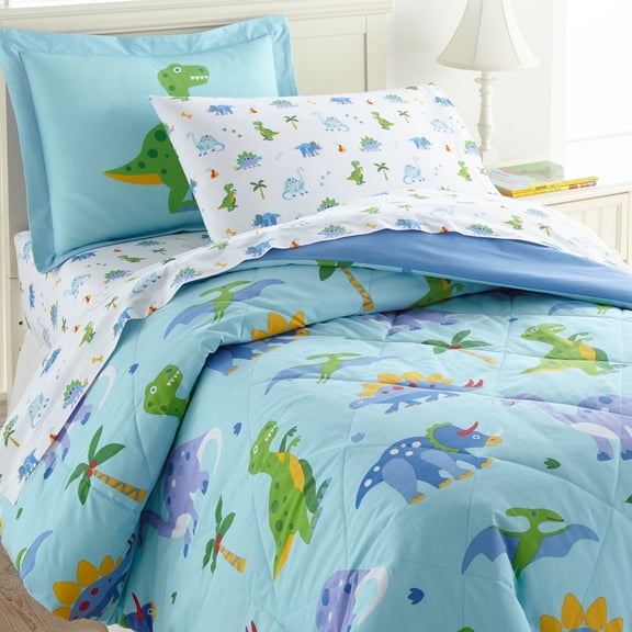 Wildkin Kids 5 Pc Twin Cotton Bed in a Bag for Boys & Girls (Dinosaur Land Blue)