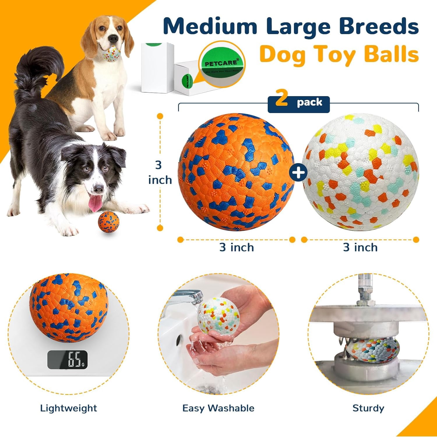 2 Pack Dog Balls Toys for Aggressive Chewers Indestructible Tennis Balls for Medium Large Dogs Water Toy Chew Ball Tough Durable Big Dog Toys Bouncing Ball for Dogs to Fetch, Orange+White