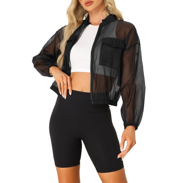 Chaqueta bomber transparente Inspire Chic para mujer, con cierre, de manga larga, transparente, talla XL, color negro