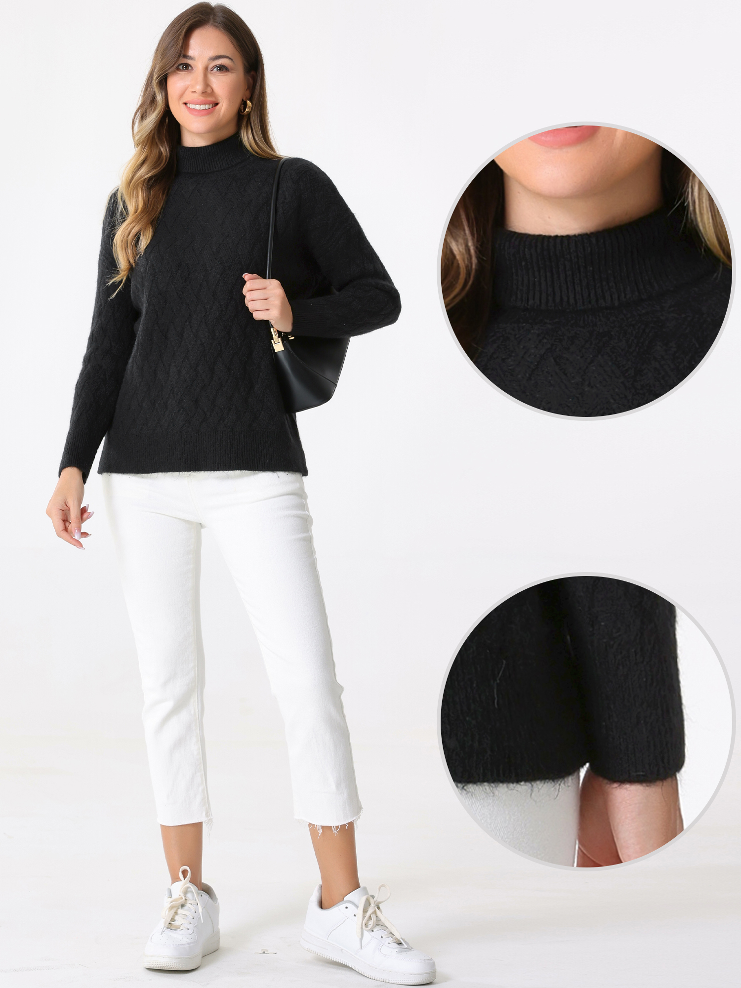 DARING DIVA Ribbed Sweater High Neck Long Sleeve Knit Top M Black