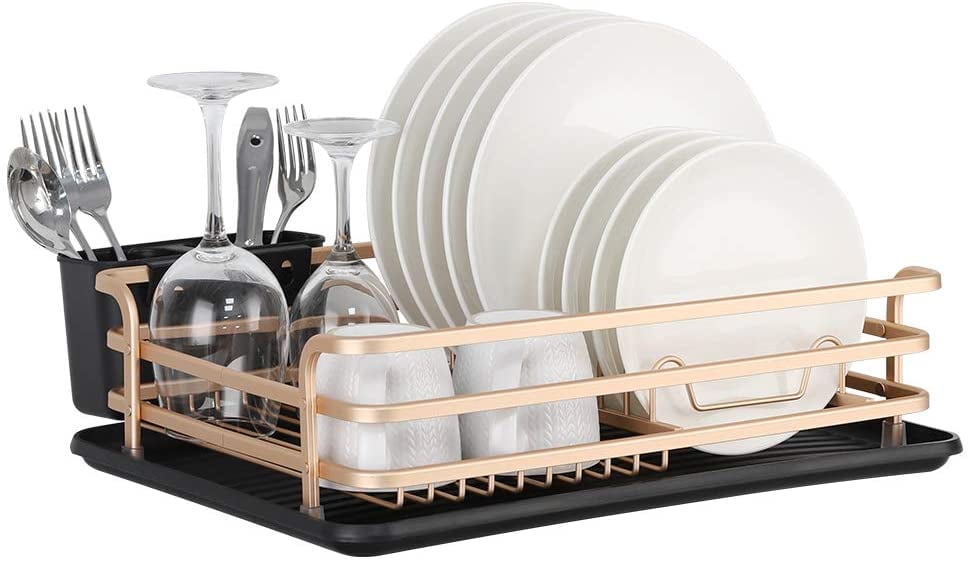 Aluminum Dish Drying Rack, Compact Dish Rack with Cutlery Holder, Removable Drainer  Tray, Rose Gold - Walmart.com