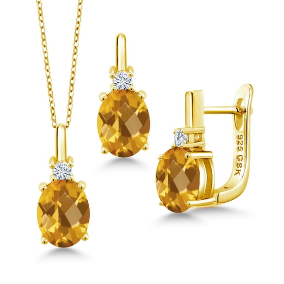 Gem Stone King 18K Yellow Gold Plated Silver Pendant and Earrings Jewelry Set Checkerboard Citrine Moissanite (5.15 Cttw)