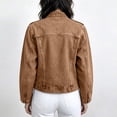 thumbnail image 4 of Yuaguia Women's Vintage Military-Style Denim Jacket, Double-Breasted Button Front Crop Coat with Stand Collar, Soft Stretchy Long Sleeve Outerwear for Fall Fashion & Daily Wear, Brown M, 4 of 5