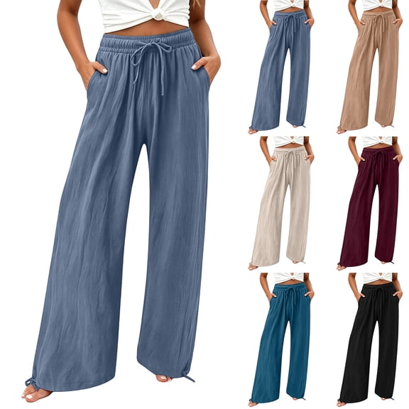 Taqqpue Women Oversize Pants Drawstring High Elastic Waistbant Boho Palazzo Pants Loose Fit Lounge Pants Solid Color Straight Wide Leg Pants with Pockets for Women