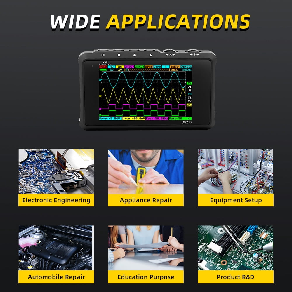 Handheld Oscilloscope DS213, Portable Oscilloscope Mini Size Handheld, Built-in Rechargeable Battery, 4 Channels, 15Mhz Bandwidth, Entry Level Oscilloscope for Beginner