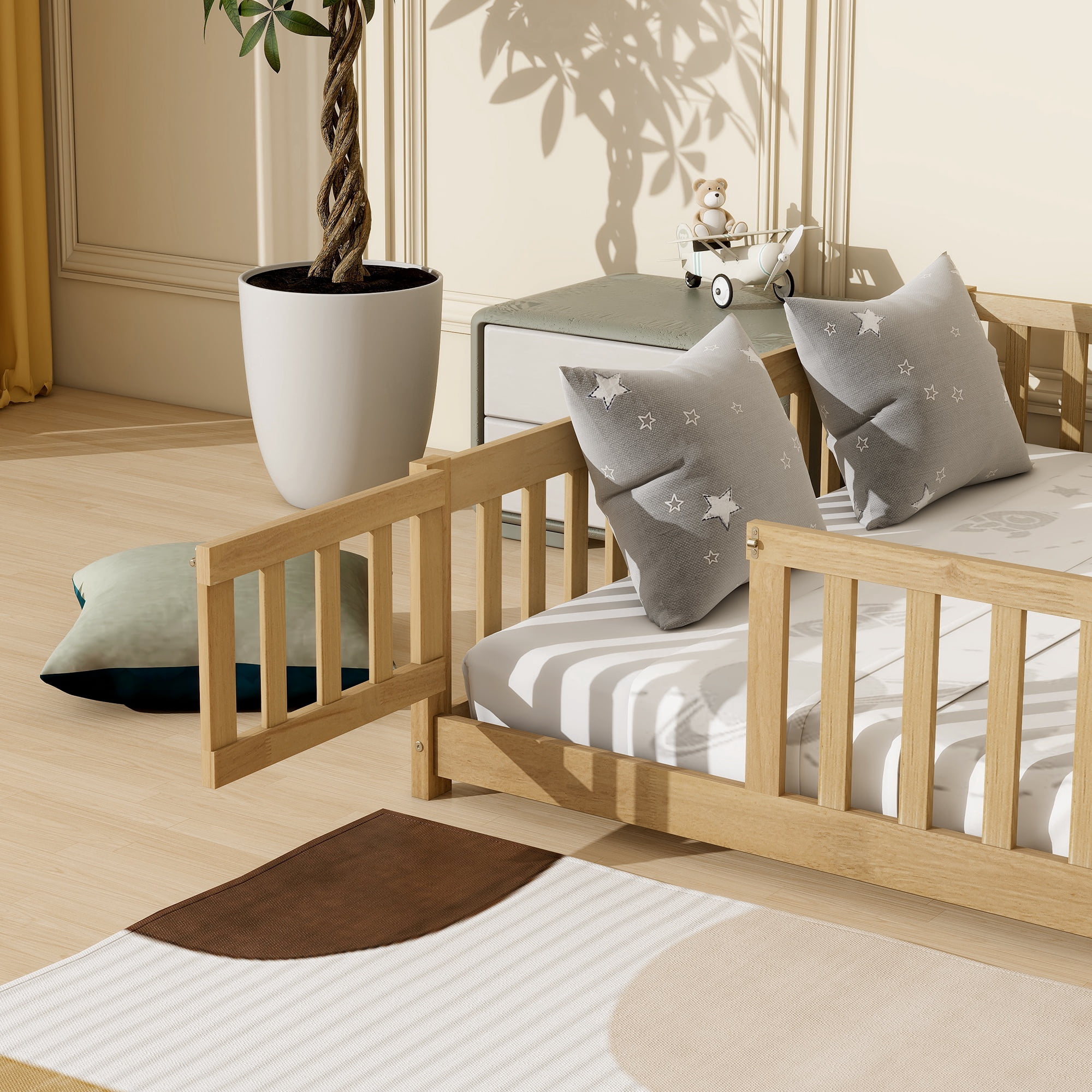 PAPROOS Queen Floor Bed Frame, Wood Floor Platform Bed with Fence and Door, No Box Spring Needed, Modern Queen Size Montessori Floor Bed for Little Girls Boys, Playhouse Bed Frame, Natural