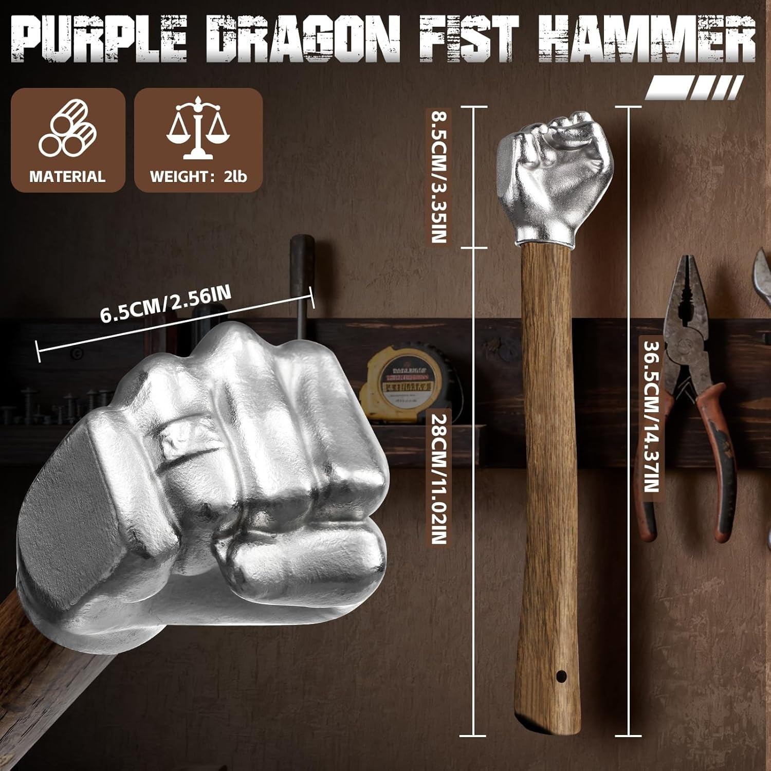 Fist Hammer 2 lbs, Sledge Hammer Fist Shaped Stainless Steel, Ball Peen Hammers with Wooden Handle, Multi-Purpose Tool for DIY Crafting, Outdoor Camping, Home/Office Decor, Gifts for Men