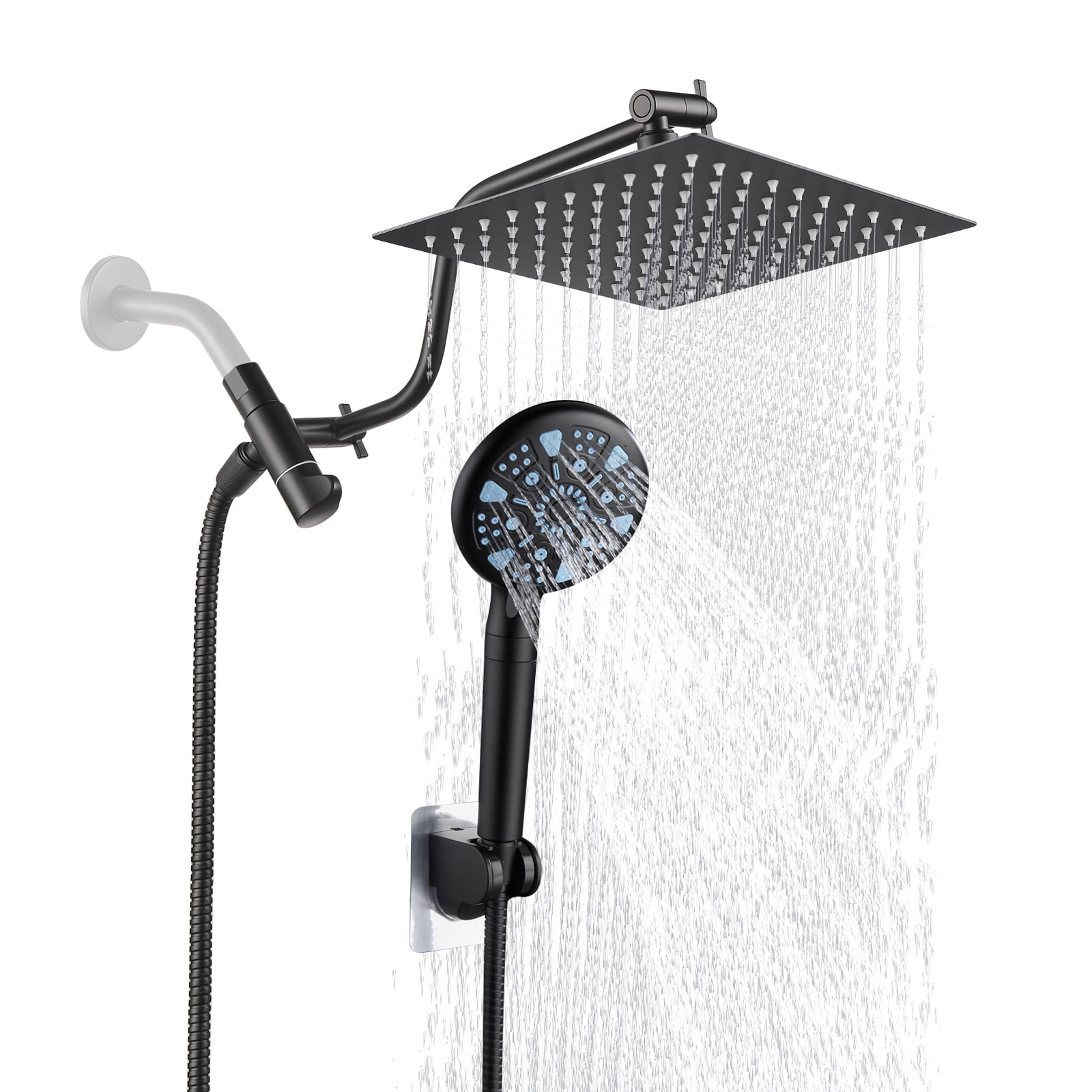 Cobbe 8-Inch Dual Shower Heads with Handheld Spray Combo, 3-Way Rain Shower Head, 9-Spray Patterns Handheld Shower, Matte Black