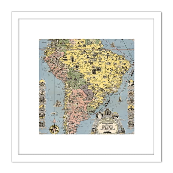 1942 Ernest Dudley Chase Pictorial Map South America 8X8 Inch Square Wooden Framed Wall Art Print Picture with Mount