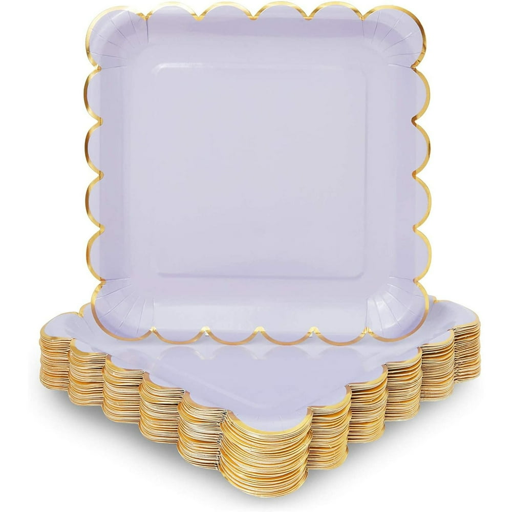 48Pack Pastel Purple & Gold Square Disposable Paper Dinner Plates with