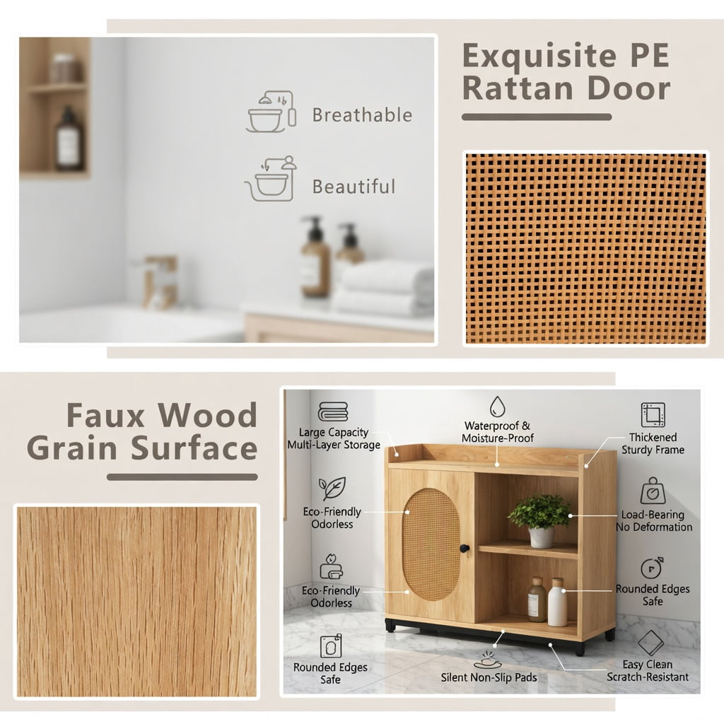 Hommoo Over the Toilet Storage Cabinet with PE Rattan Door, 3-Tier Adjustable Open Shelves, Engineered Wood & Metal Frame, Space-Saving Bathroom Organizer, Natural