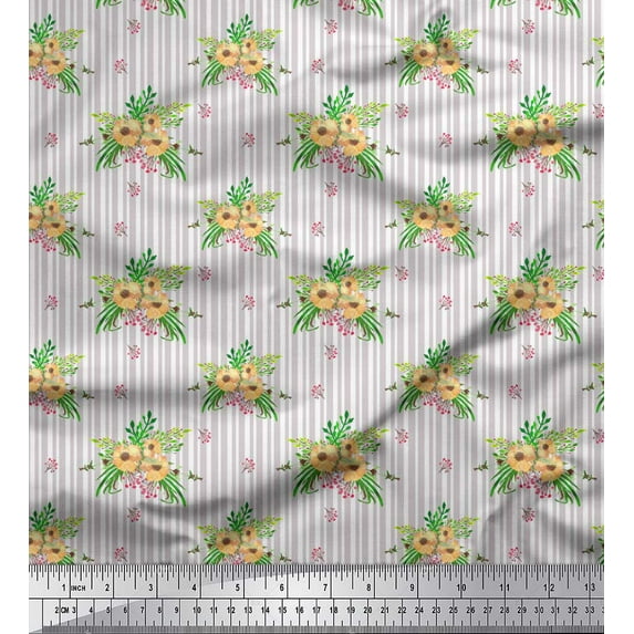 Soimoi Gray Heavy Canvas Fabric Stripe & Anemone Floral Printed Craft Fabric by the Yard 58 Inch Wide