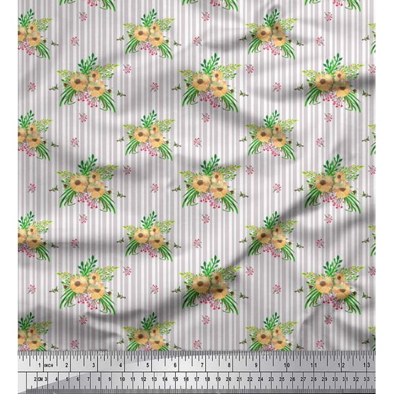Soimoi Gray Silk Fabric Stripe & Anemone Floral Printed Fabric 1 Yard 42 Inch Wide