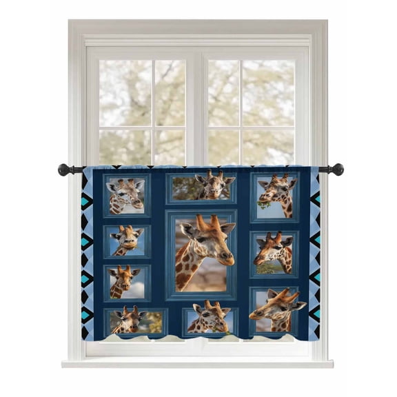 Sheer Curtains 54 Inch Length, Cute Giraffe Semi Sheer Curtains Light Filtering Window Treatment, Wildlife Animals Blue Ethnic Geometric Privacy Voile Drapes for Living Room Bedroom 52x54 Inch