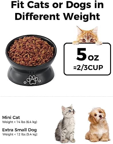 Elevated Cat Food Bowl, 5 Oz Ceramic Raised and Tilted Water Bowl, Anti Vomiting and Protect Pets' Spines Dishes for Small Dog, Fat Faced Cat, Kitten (Black Pattern, 1 Pack)