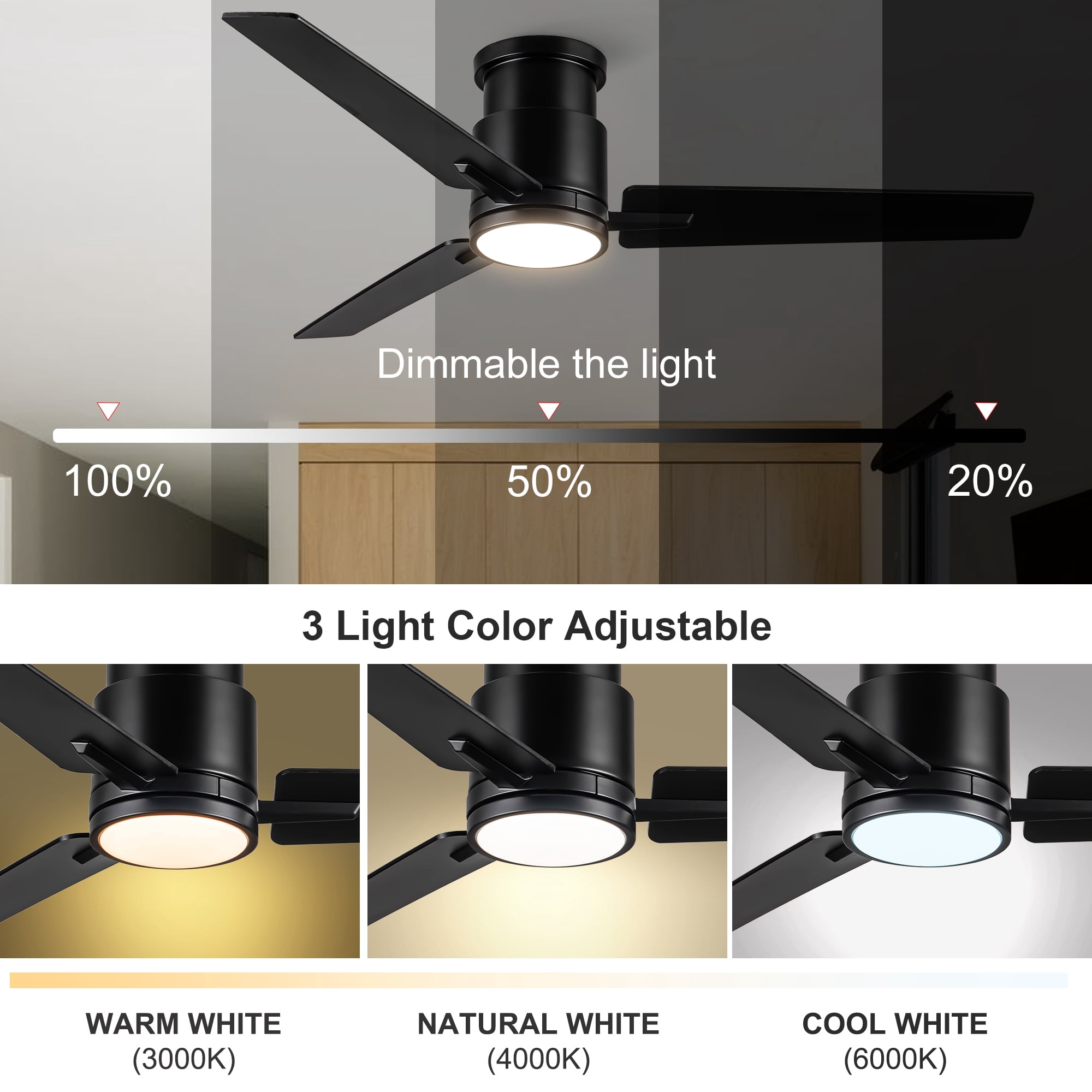 Leumius 52" Black Lowe Profile Ceiling Fan with Dimmable 3CCT LED Light,Modern Ceiling Fan for Living Room Bedroom