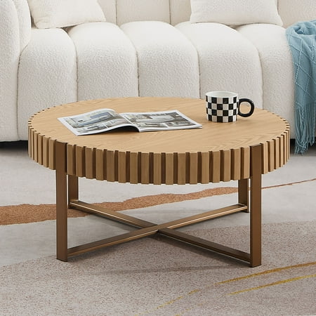 Round Coffee Table for Living Room 31.5 Drum Coffee Table With Stainless Steels Pedestal Base Farmhouse Handcrafted Circle Coffee Table For Apartment